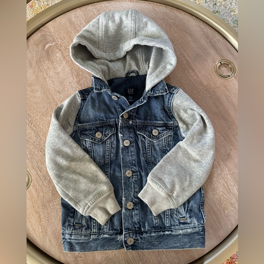 GAP Factory Two-Tone Hooded Denim Jacket in Blue and Gray